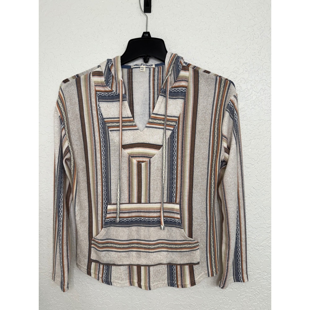 Wallflower Womens Baja Hoodie Striped V-Neck Pullover Kangaroo Pocket Large